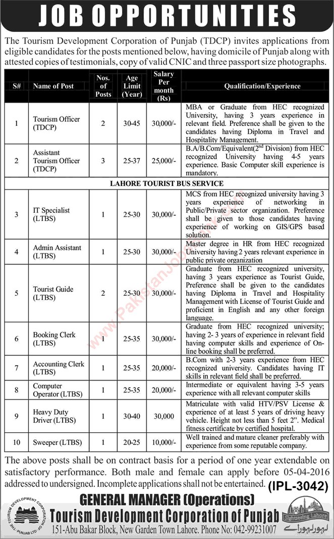 Tourism Development Corporation of Punjab Jobs 2016 March TDCP Lahore Tourism Officers / Guides & Others Latest