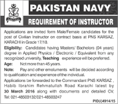 Civilian Instructor Jobs in Pakistan Navy March 2016 at PNS Karsaz Karachi Latest