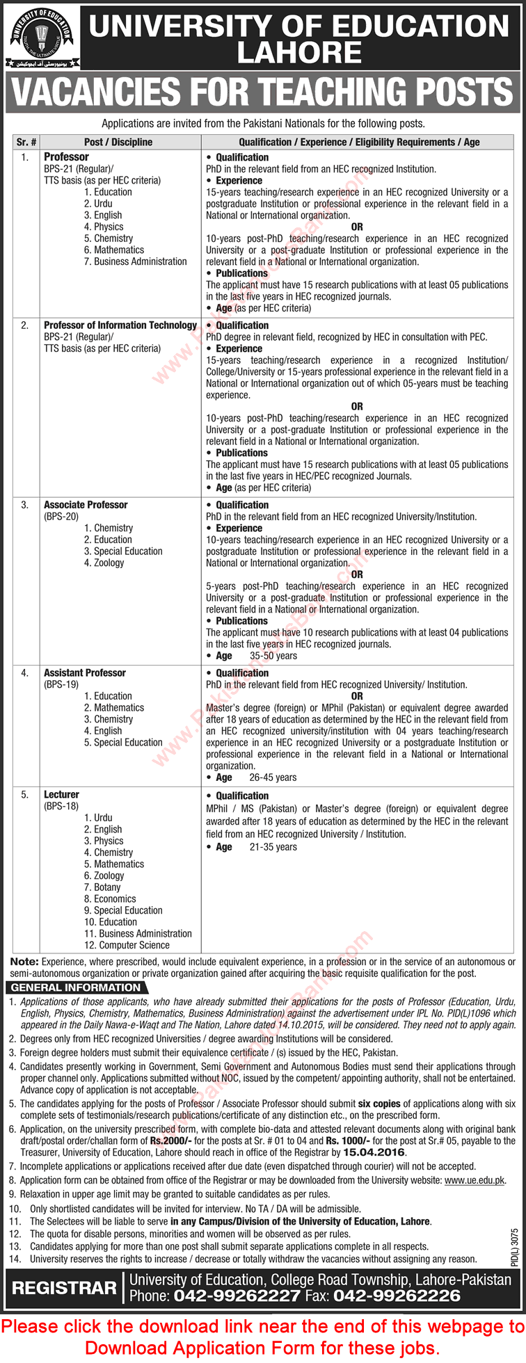 University of Education Lahore Jobs 2016 March / April Teaching Faculty Application Form Download Latest