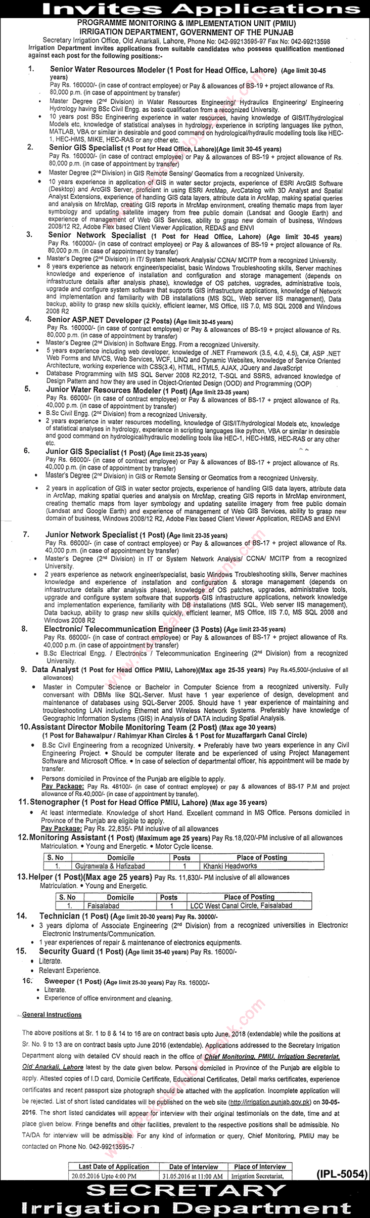 Irrigation Department Punjab Jobs 2016 May PMIU Software Engineers, Electronic / Telecom Engineers & Others Latest