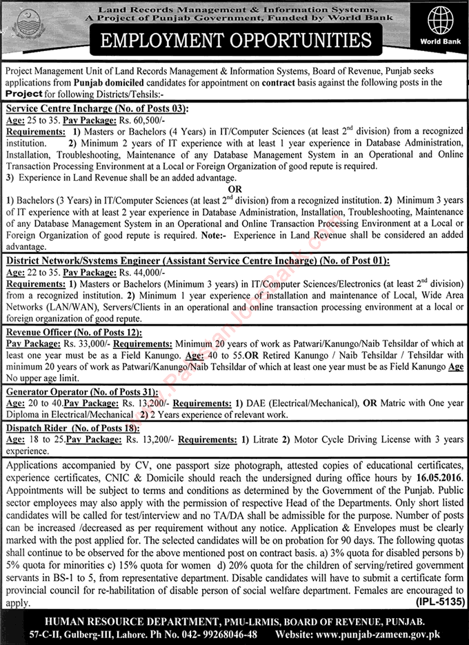 LRMIS Jobs May 2016 Punjab Revenue Officers, Generator Operators, Dispatch Riders & Others Latest / New