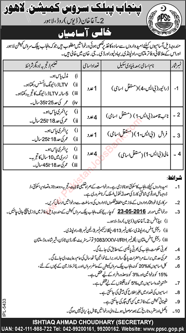 PPSC Jobs May 2016 Naib Qasid, Mali, Drivers & Frash Punjab Public Service Commission Latest