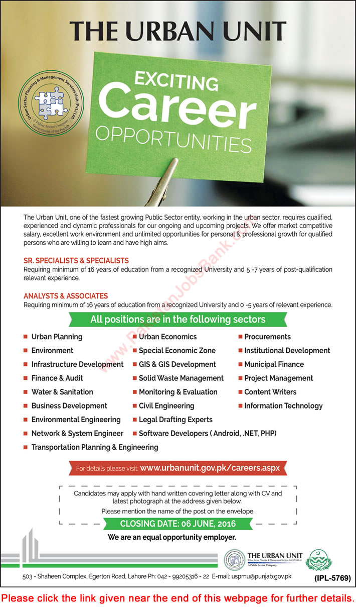 Urban Unit Jobs 2016 May Specialists, Analysts & Associates Latest / New Advertisement