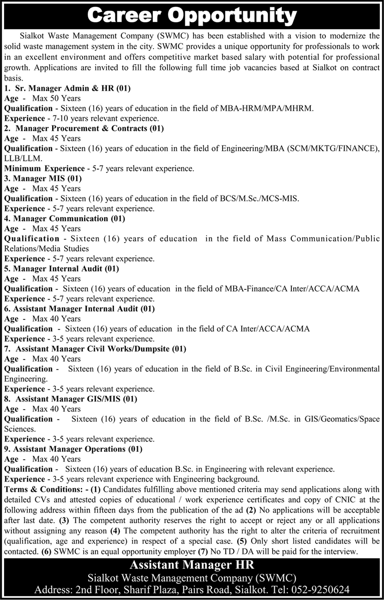 Sialkot Waste Management Company Jobs 2016 May SWMC for Managers Latest
