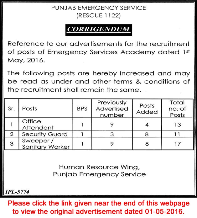 Punjab Emergency Service Rescue 1122 Jobs May 2016 Corrigendum Latest