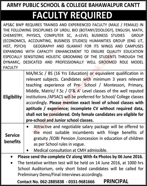 Army Public School and College Bahawalpur Jobs 2016 May for Teachers in APS&C Latest