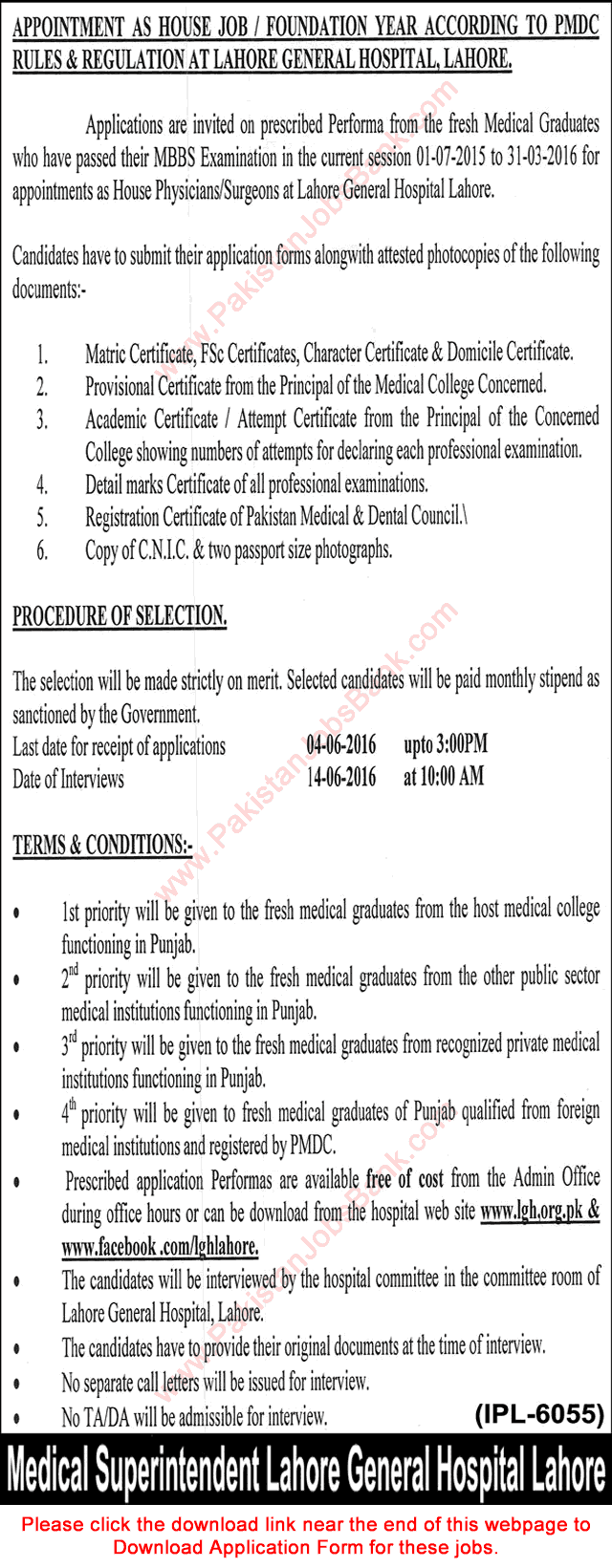 Lahore General Hospital House Job 2016 May Training Application Form Jobs for Fresh Medical Graduates Latest