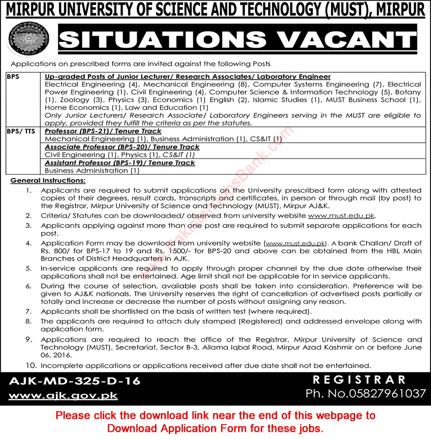 Mirpur University of Science and Technology Jobs 2016 May MUST AJK Application Form Teaching Faculty & Others Latest