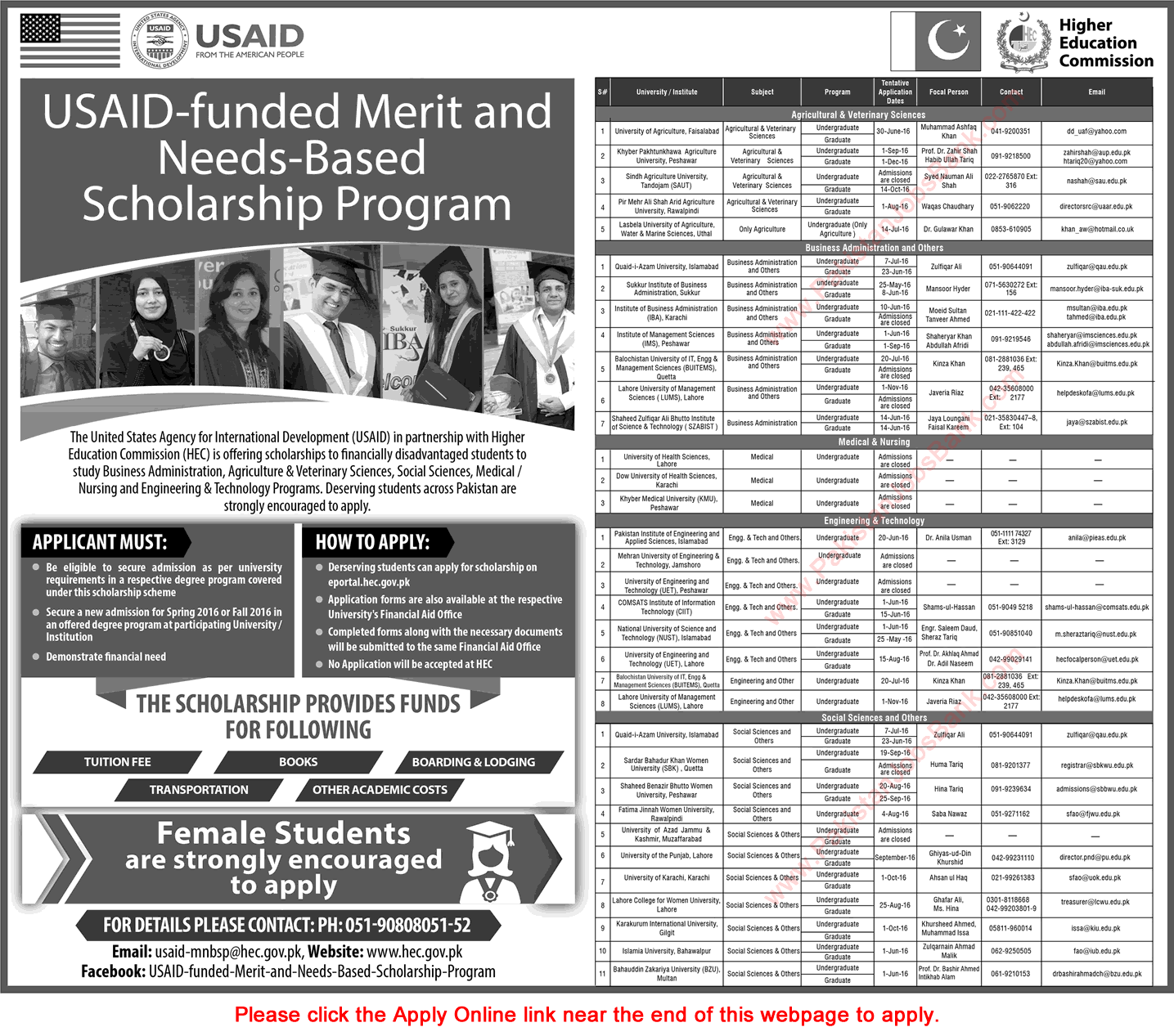 HEC USAID Merit and Need Based Scholarships 2016 Apply Online Latest Advertisement