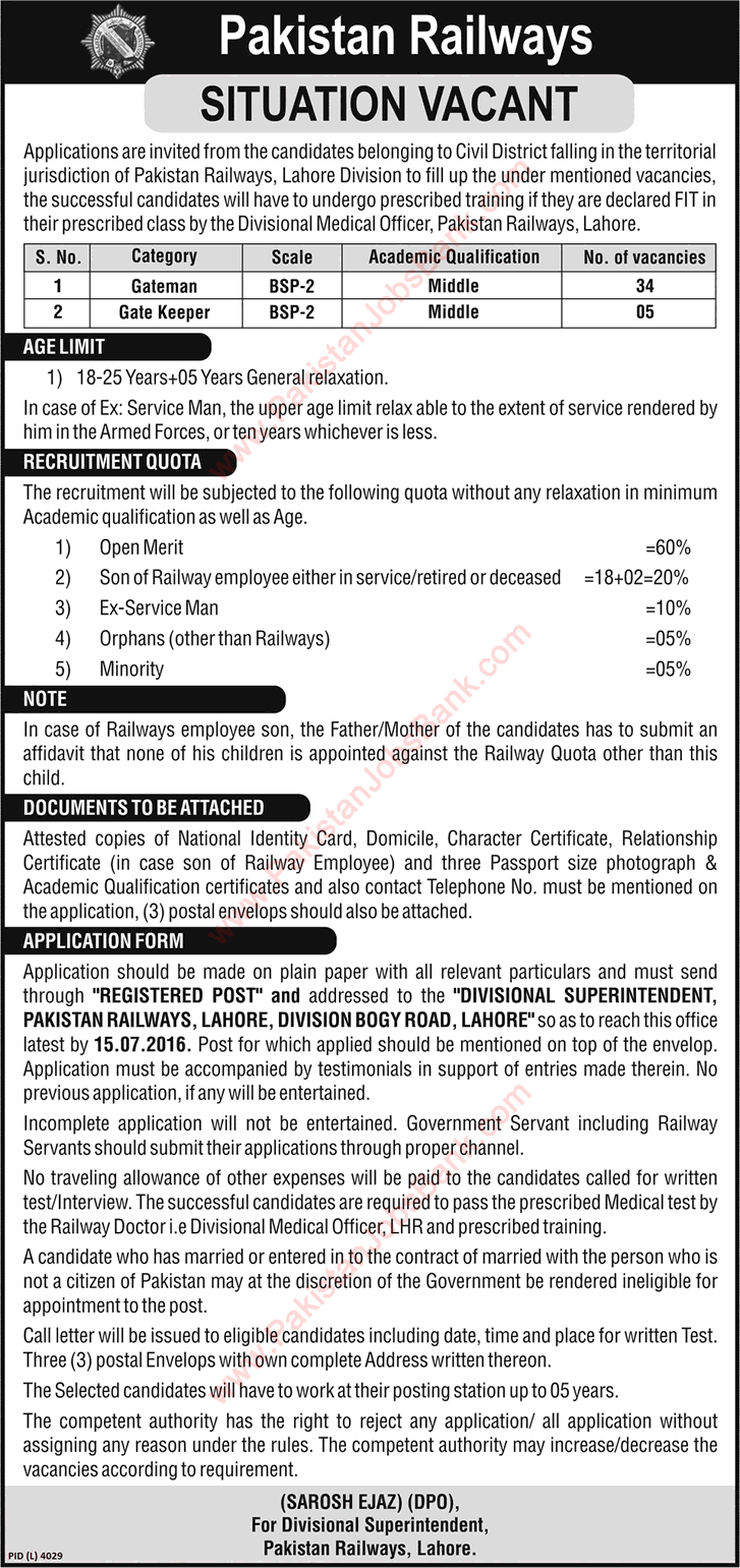 Pakistan Railways Lahore Jobs June 2016 Gatemen & Gate Keepers Latest / New