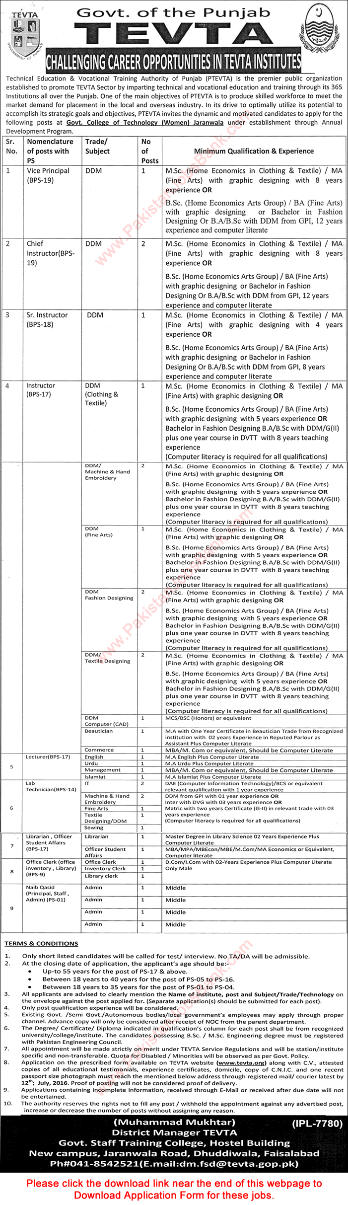 TEVTA Jobs June 2016 Jaranwala Government College of Technology Application Form Download Latest