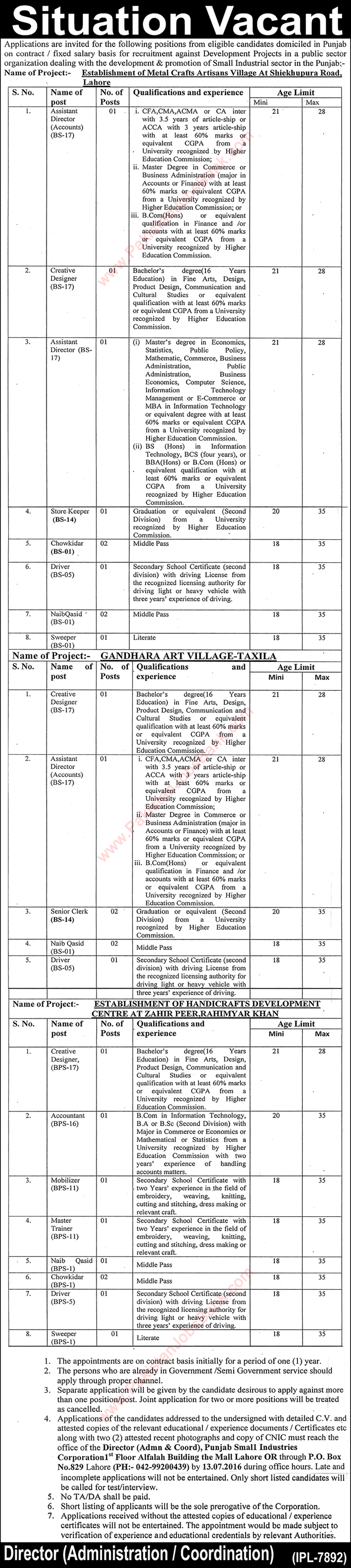 PO Box 829 Lahore Jobs 2016 June / July Punjab Small Industries Corporation Latest