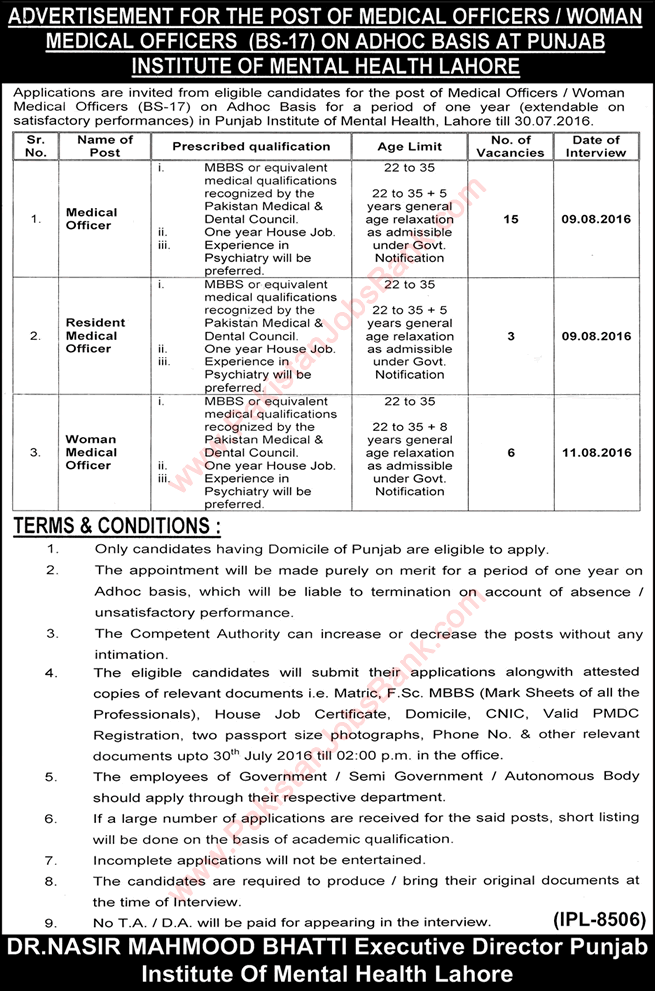 Punjab Institute of Mental health Lahore Jobs 2016 July Medical Officers, RMO & WMO Latest