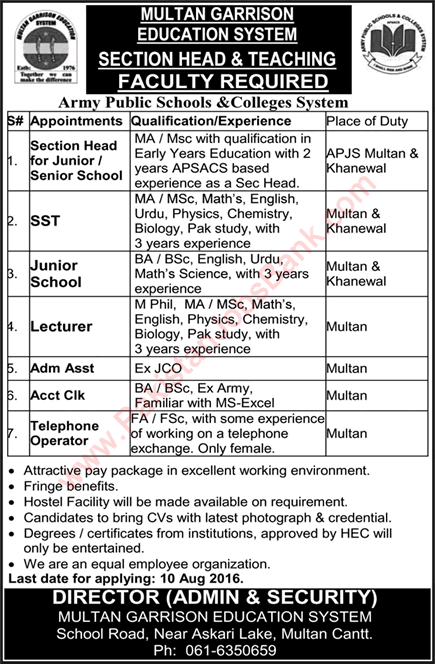 Multan Garrison Education System Jobs July 2016 August MGES Teachers & Admin Staff Latest