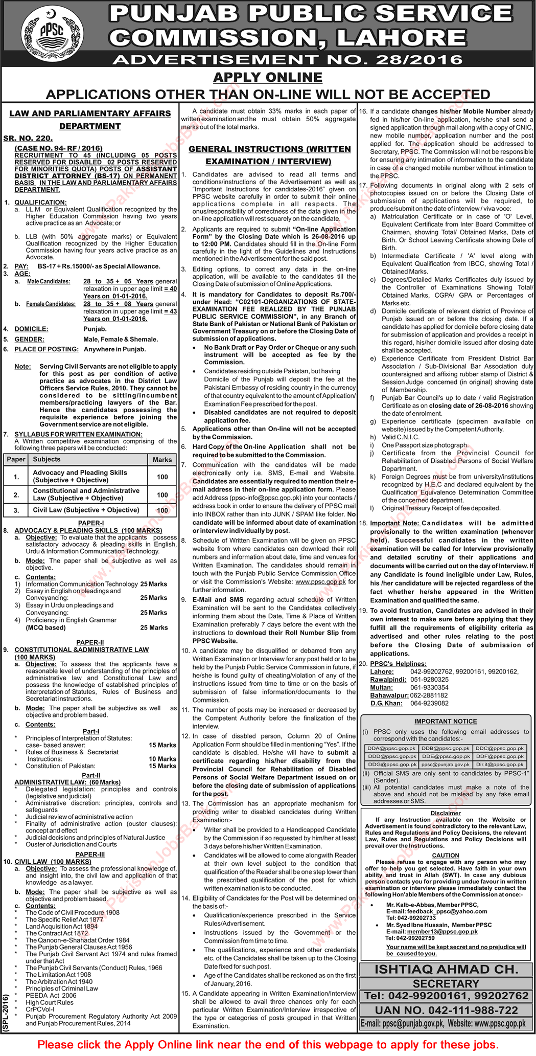 Assistant District Attorney Jobs in Law & Parliamentary Affairs Department Punjab August 2016 PPSC Apply Online Latest