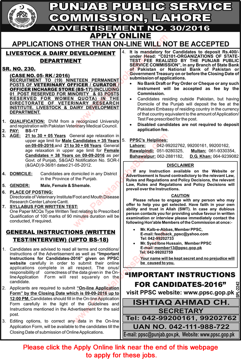 Veterinary Officer Jobs in Livestock and Dairy Development Department Punjab August 2016 PPSC Apply Online Latest