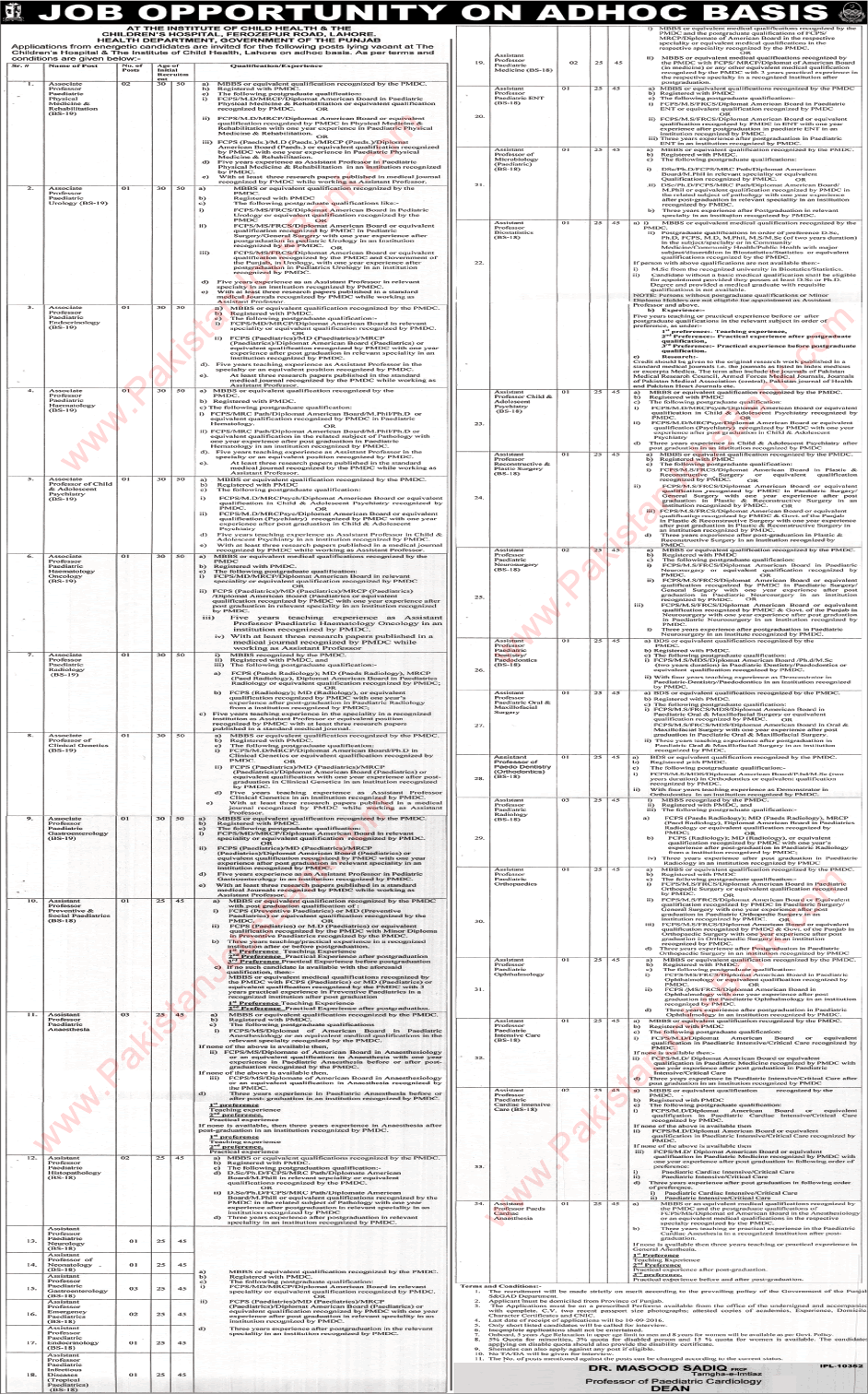 Children's Hospital Lahore Jobs August 2016 CHICH Associate & Assistant Professors Latest