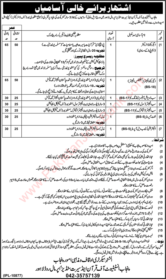 Punjab Institute of Quran and Seerat Studies Lahore Jobs 2016 September Sub Engineers & Others Latest