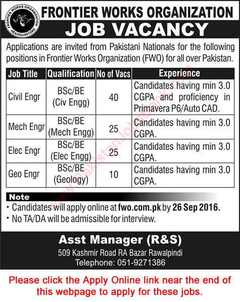 FWO Jobs September 2016 Apply Online for Civil, Mechanical, Electrical & Geology Engineers Latest