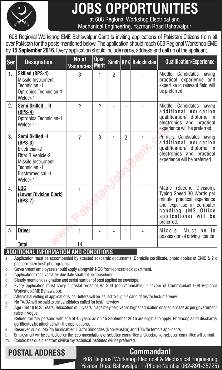 608 Regional Workshop EME Bahawalpur Jobs September 2016 Skilled Technicians & Others Latest