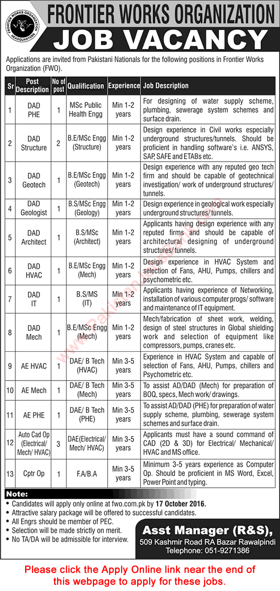 FWO Jobs October 2016 Apply Online Frontier Works Organization Latest / New