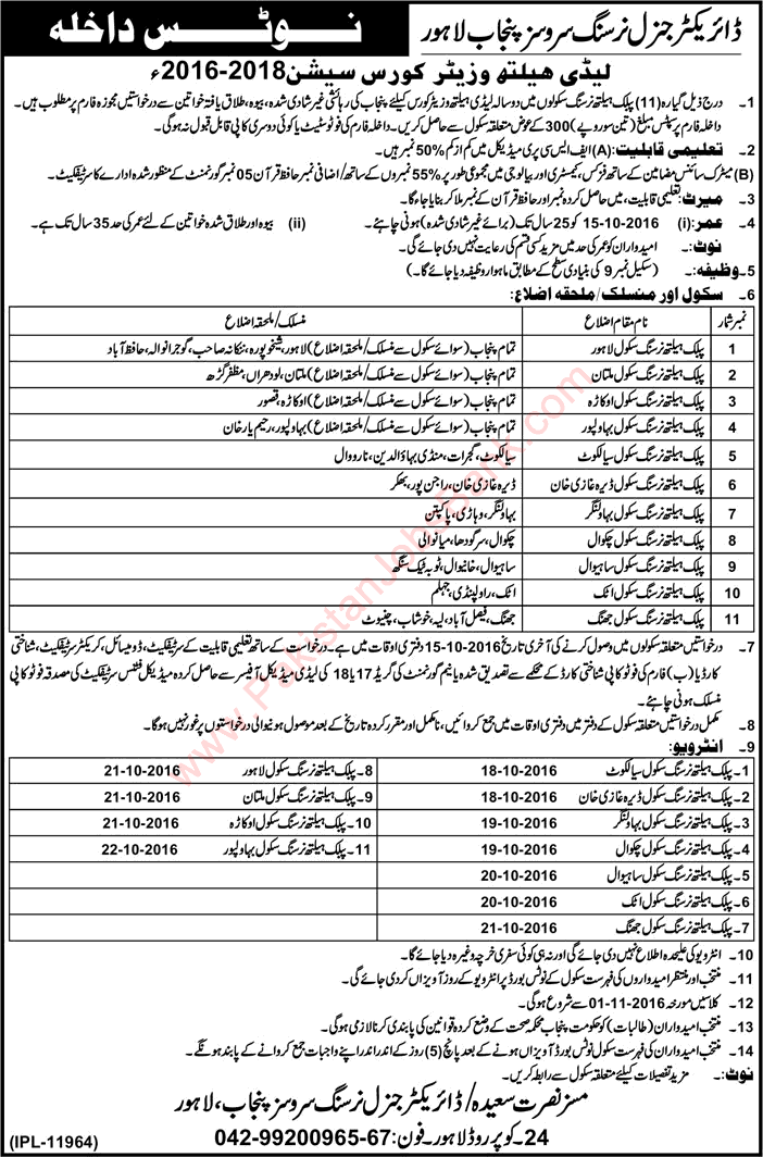 Lady Health Visitor Free Courses in Punjab October 2016 Directorate General Nursing Services Latest