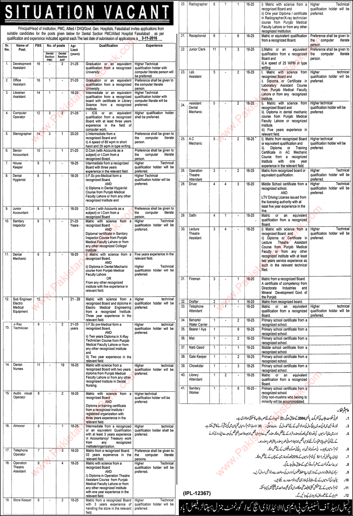 PMC, Allied, DHQ & General Hospital Faisalabad Jobs October 2016 Nurses, Medical Technicians & Others Latest