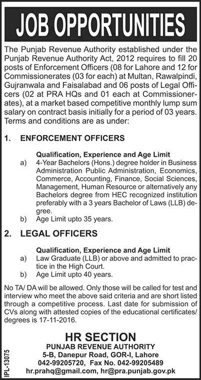 Punjab Revenue Authority Jobs October 2016 November Enforcement & Legal Officers Latest