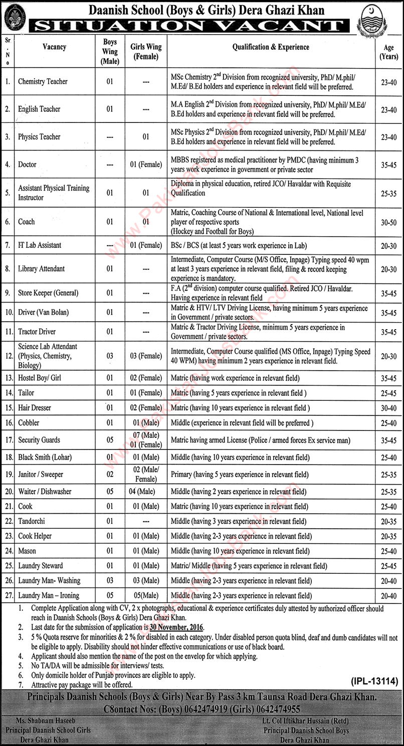 Danish School Dera Ghazi Khan Jobs November 2016 Teachers, Lab Assistants, Admin & Support Staff Latest