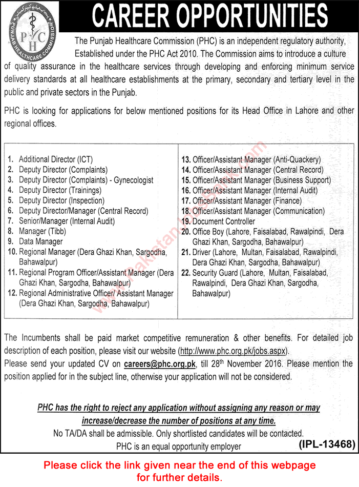Punjab Healthcare Commission Jobs November 2016 PHC Officers / Assistant Managers & Others Latest