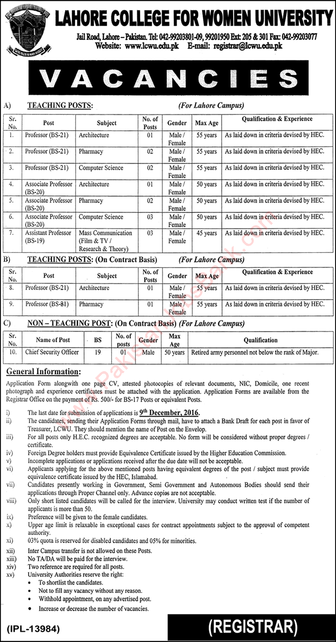 Lahore College for Women University Jobs 2016 November Teaching Faculty & Chief Security Officer Latest