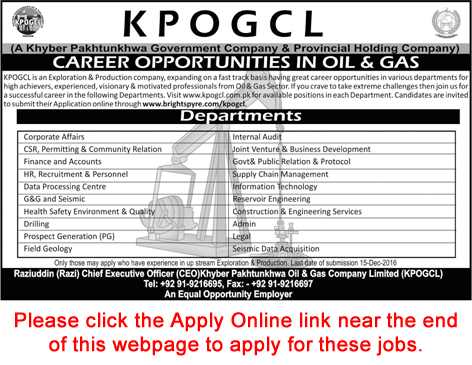KPOGCL Jobs November 2016 December Apply Online Khyber Pakhtunkhwa Oil & Gas Company Limited Latest