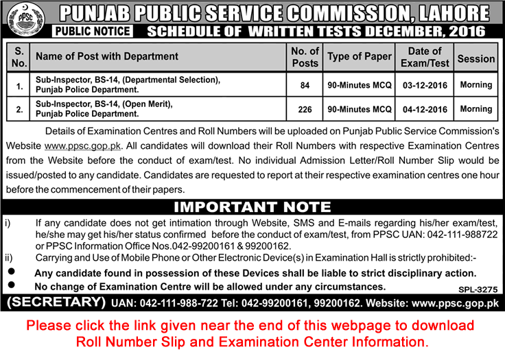 PPSC Written Test Schedule December 2016 Sub Inspectors Roll Number Slip Download Latest