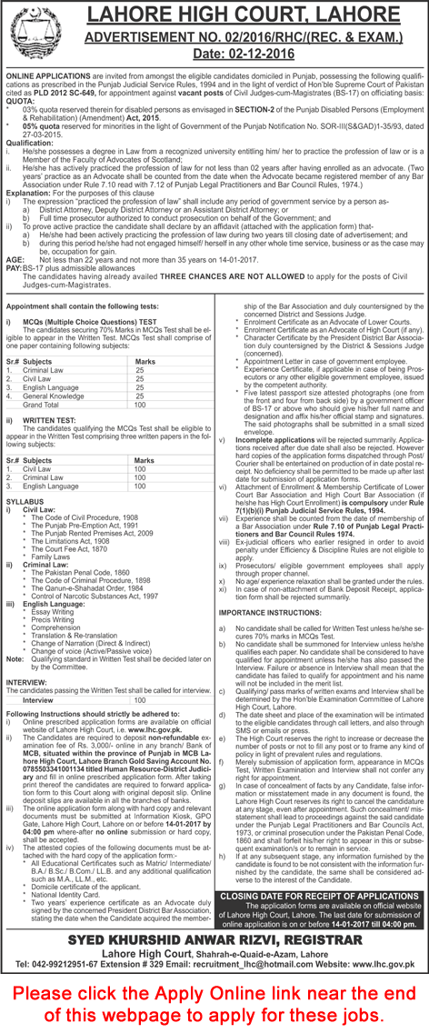 Civil Judges / Magistrate Jobs in Lahore High Court December 2016 Online Application Form Latest