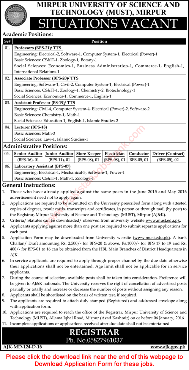 Mirpur University of Science and Technology Jobs December 2016 MUST Application Form Teaching Faculty & Others Latest