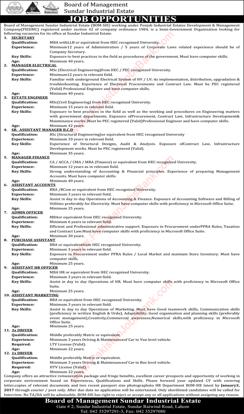 Board of Management Sundar Industrial Estate Lahore Jobs December 2016 BOM-SIE Latest