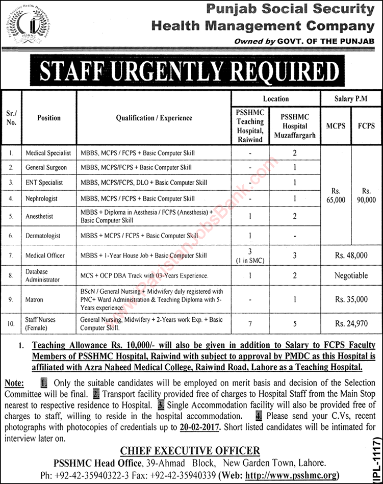 Punjab Social Security Health Management Company Jobs 2017 February PSSHMC Hospitals Raiwind & Muzaffargarh Latest