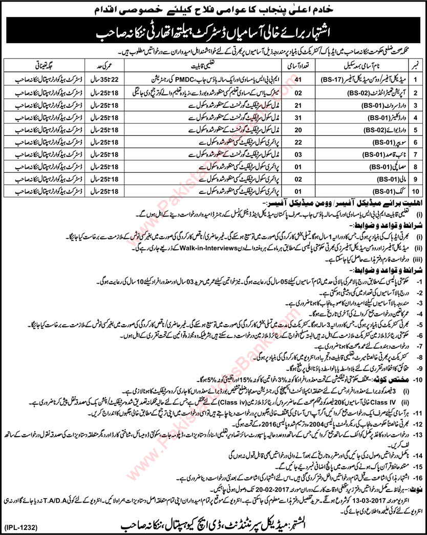 Health Department Nankana Sahib Jobs February 2017 at DHQ Hospital Medical Officers, Ward Boys & Others Latest