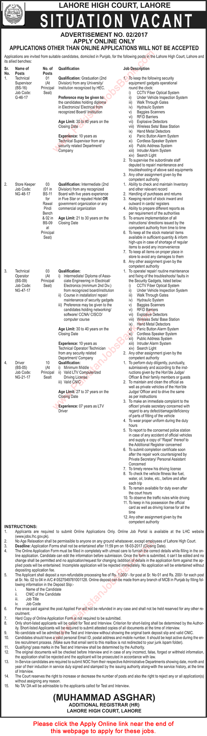 Lahore High Court Jobs March 2017 Apply Online Technical Operators / Supervisors, Store Keepers & Drivers Latest