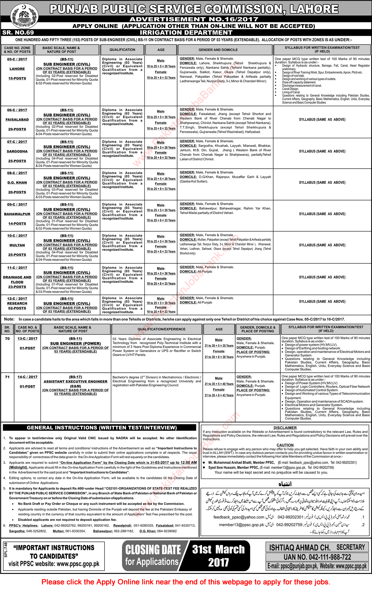 Sub Engineer Jobs in Irrigation Department Punjab March 2017 PPSC Apply Online Civil Engineering Latest