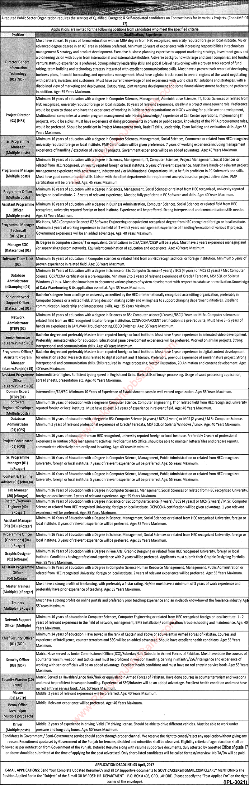 PO Box 405 GPO Lahore Jobs 2017 March Punjab Information Technology Board PITB Latest