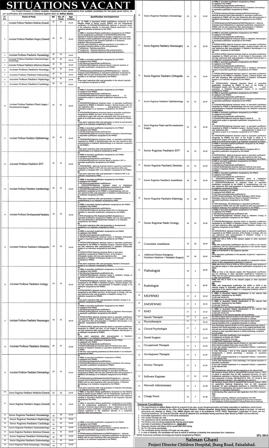 Children's Hospital Faisalabad Jobs 2017 April Teaching Faculty, Medical Officers, Nurses & Others Latest