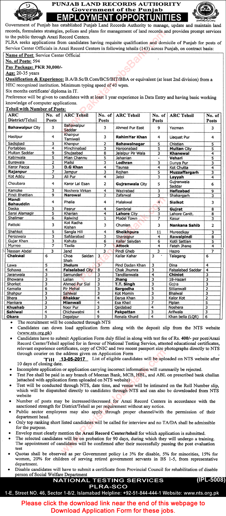 Service Center Official Jobs in Punjab Land Records Authority 2017 April / May NTS Application Form Latest