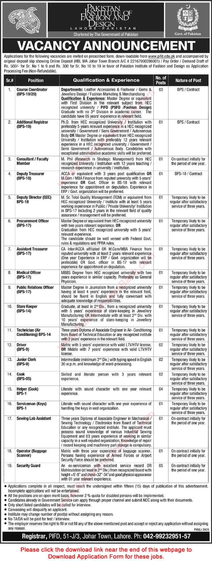 Pakistan Institute of Fashion Design Lahore Jobs 2017 April / May PIFD Application Form Download Latest