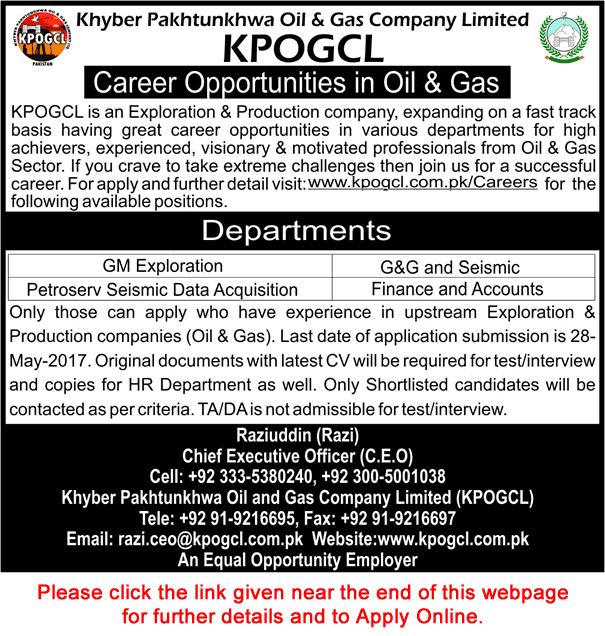 KPOGCL Jobs May 2017 Apply Online Khyber Pakhtunkhwa Oil and Gas Company Limited Latest