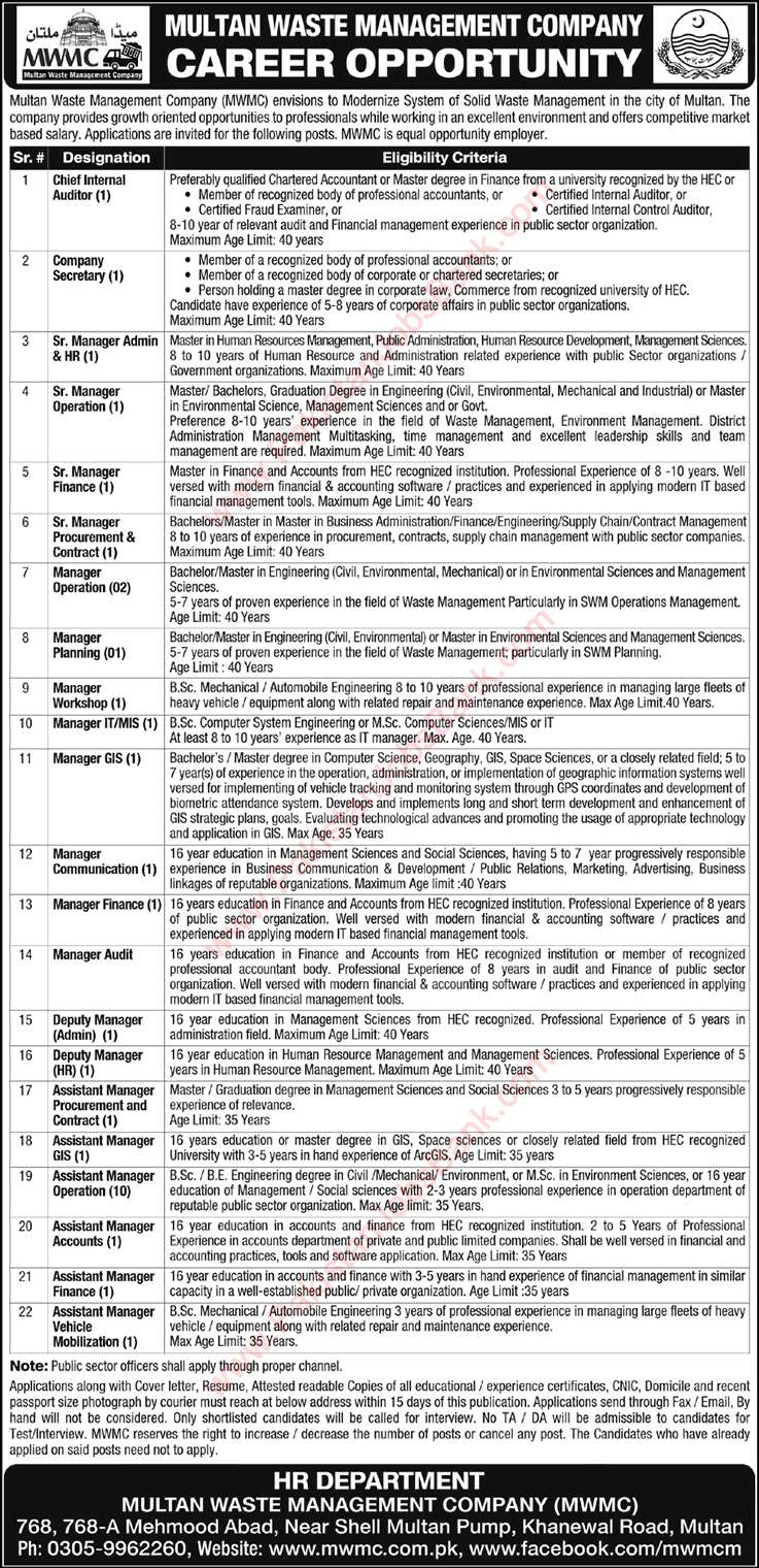 Multan Waste Management Company Jobs 2017 May MWMC Assistant Managers & Others Latest