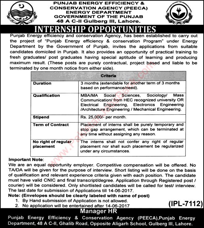 Punjab Energy Efficiency and Conservation Agency Internships 2017 May / June PEECA Latest