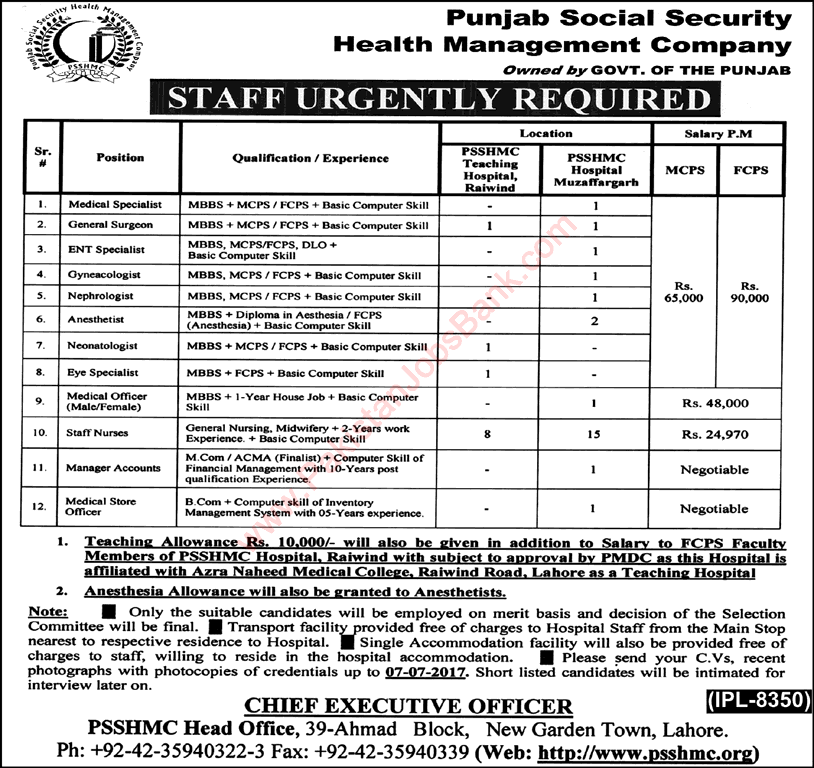 Punjab Social Security Health Management Company Jobs June 2017 PSSHMC Hospitals Raiwind & Muzaffargarh Latest