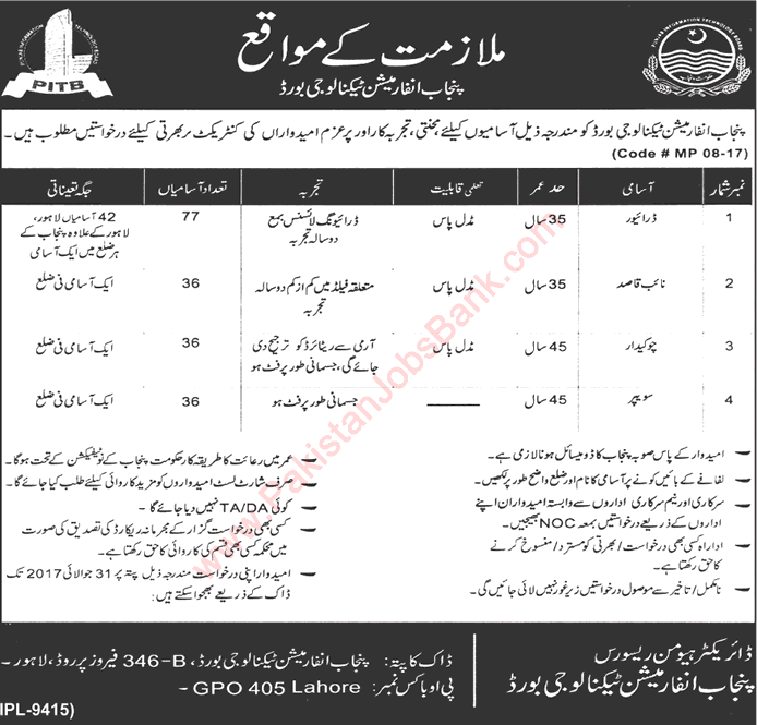 Punjab Information Technology Board Jobs July 2017 Drivers, Naib Qasid, Chowkidar & Sweepers Latest