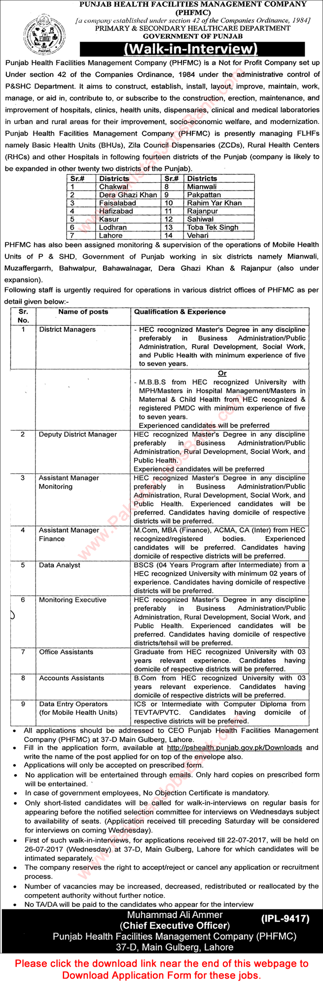 Punjab Health Facilities Management Company Jobs July 2017 District Managers & Others Walk in Interview Latest